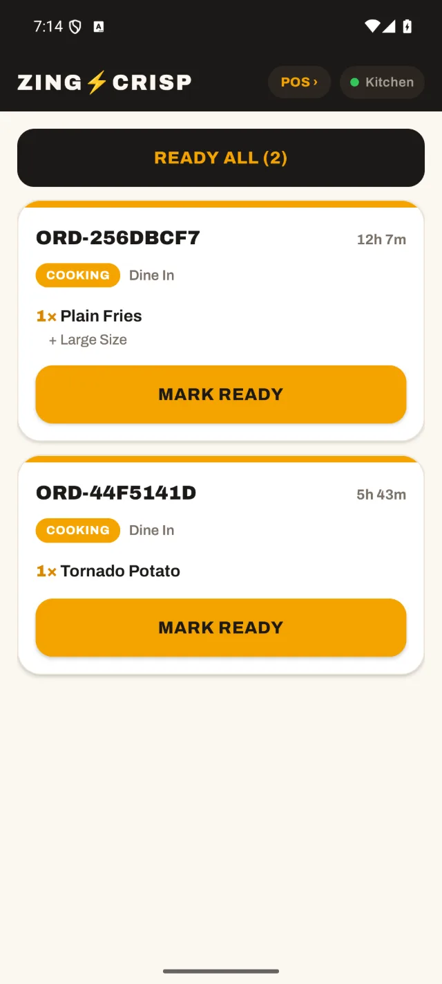 The kitchen screen: 2 order tickets with Start cooking and Mark ready buttons.