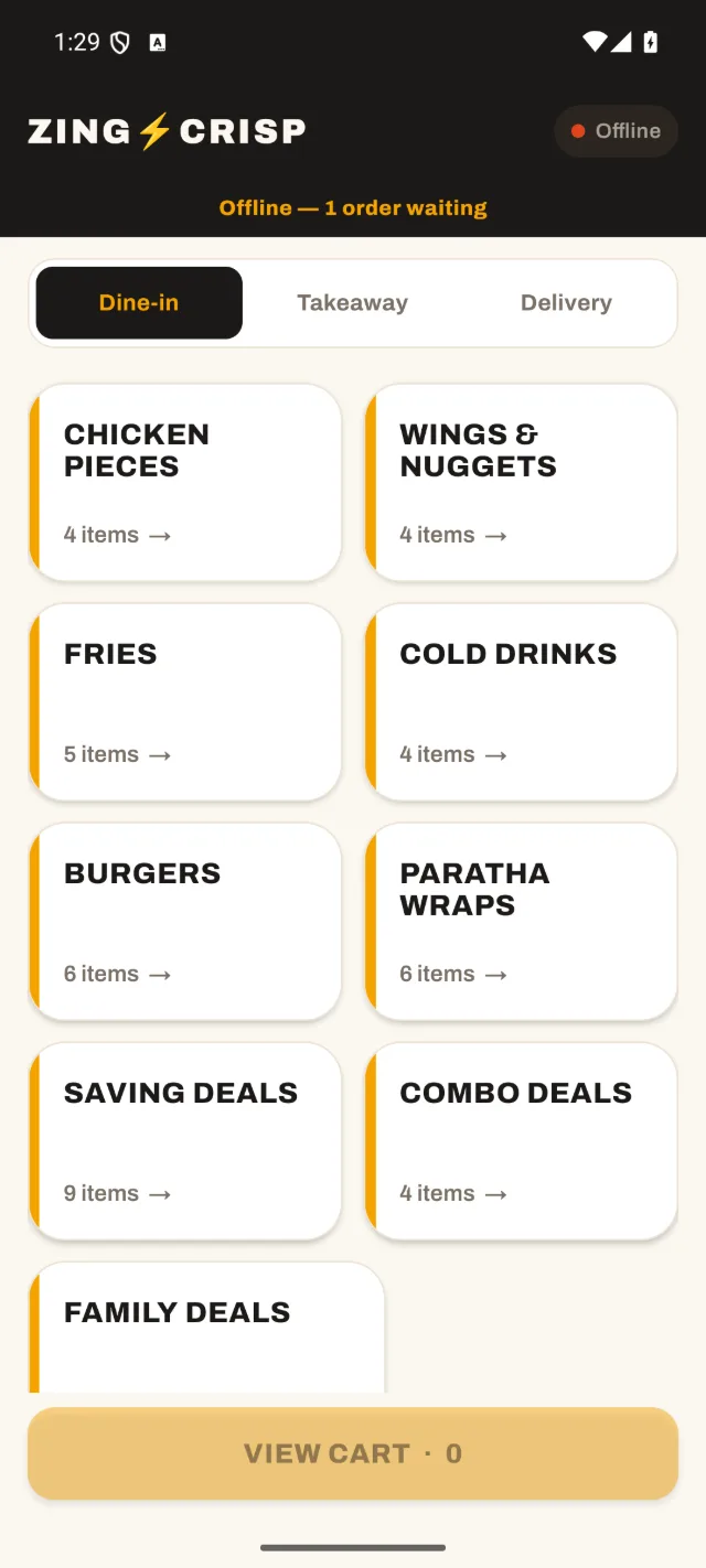 The staff app offline, showing one order waiting to sync.