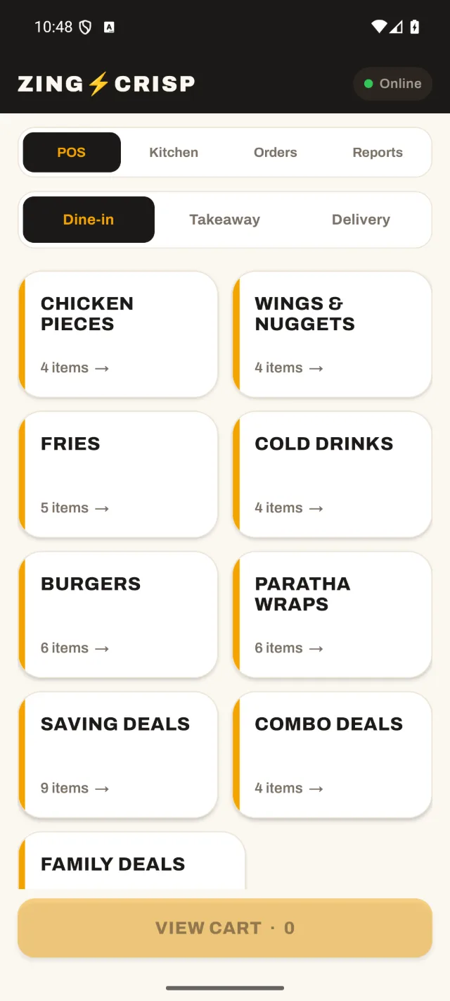 The point of sale on a staff phone: menu categories for dine-in, takeaway and delivery.